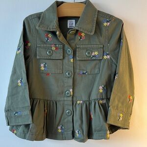GAP Green Jean Jacket with Peplum Waist and Embroidered Details
